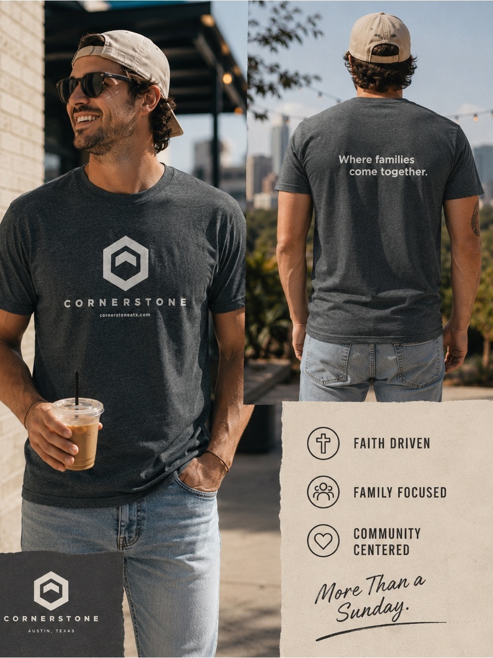 Cornerstone ATX Church T Shirt Gray Graphic Tee Adult L Unisex Faith Christian